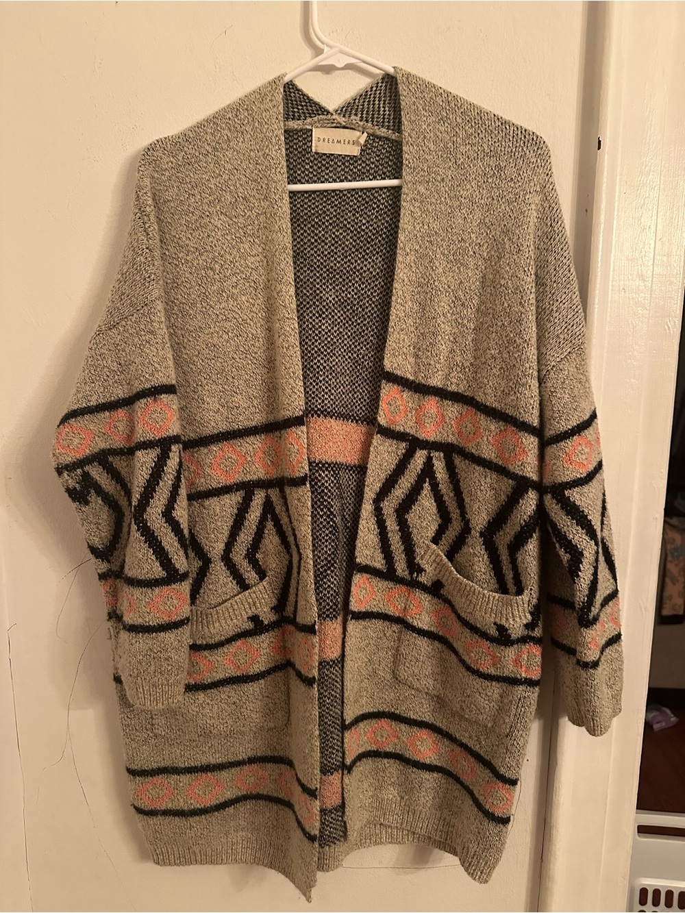 Dreamers Cream-Gray Open Front Cardigan with Black and Pink Pattern